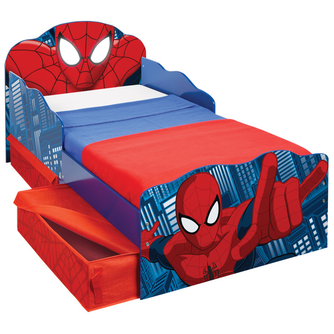 Spiderman Kleinkind Bett mit Aufbewahrung und leuchten Augen Plus Deluxe Schaum Matratze
