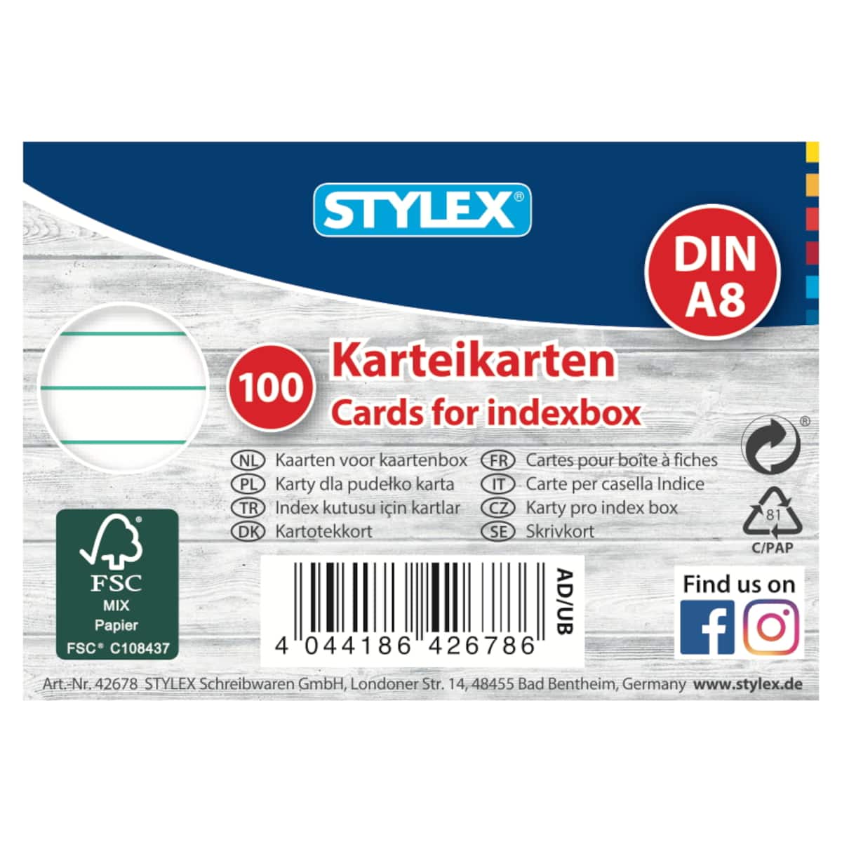 Stylex - 100 Karteikarten - DIN A8