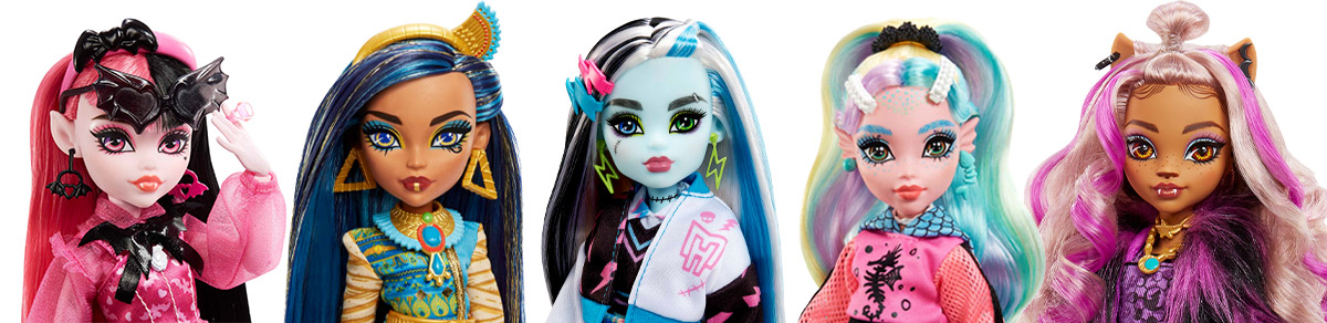 Von links nach rechts: Draculaura, Cleo de Nile, Frankie Stein, Lagoona Blue, Clawdeen Wolf
