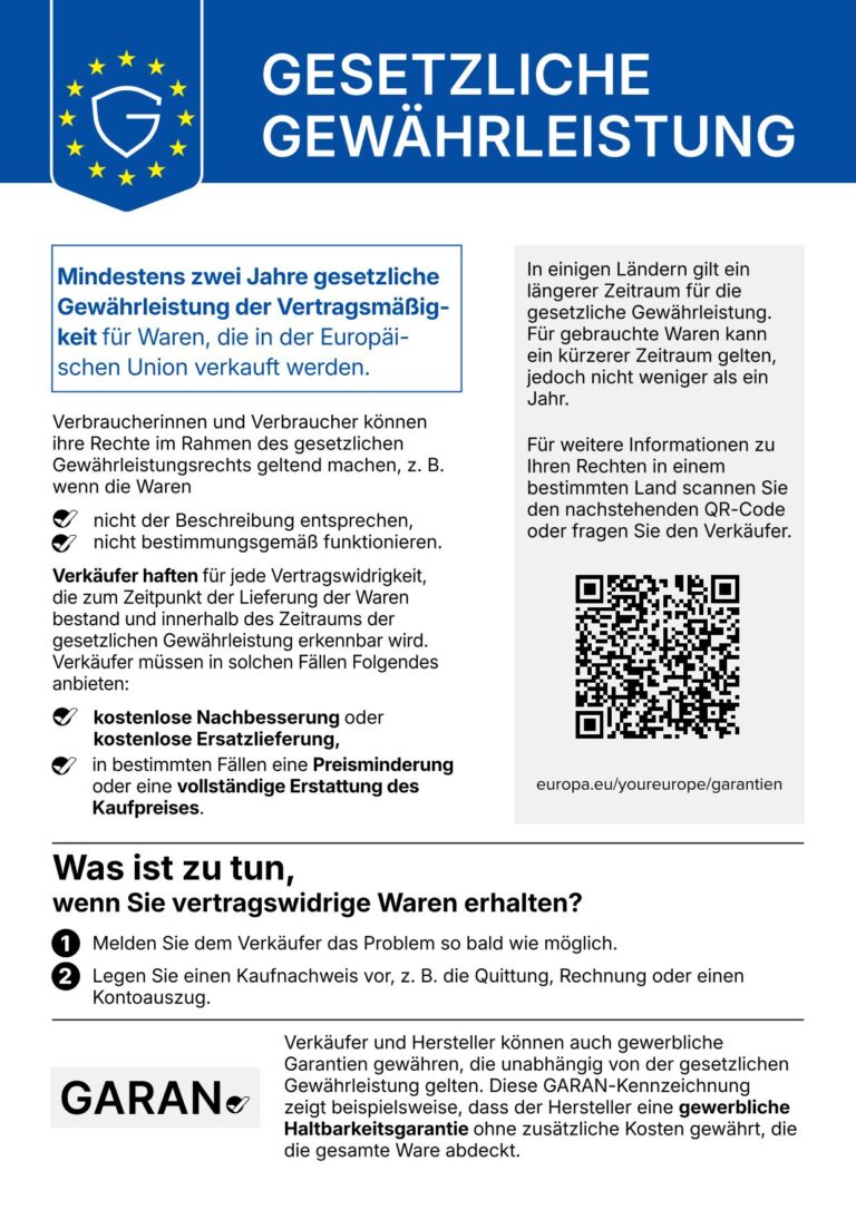 Offizieller EU-Hinweis zur gesetzlichen Gewährleistung: Verkäufer haften mindestens 2 Jahre für Mängel, die bei Lieferung bestehen.